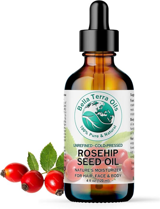 Bella Terra Oils - Organic Rosehip Oil 4 oz - Hailing from The Finest Rosa Mosqueta, Abundant in Omega-6 & Omega-3 Fatty Acids, Pure Radiance for Face-FemmiqueWomen