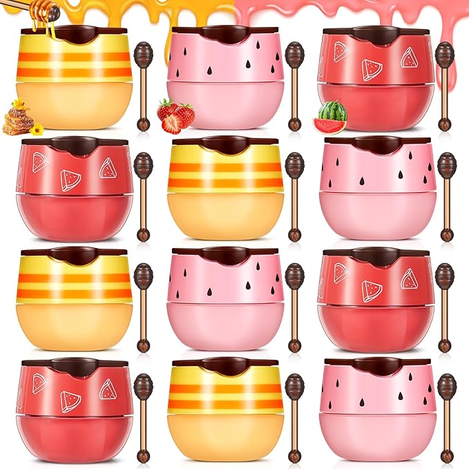 12 Pcs Bee Lip Balm Honey Pot with Brush Propolis Lip Mask Overnight, Moisturizing Hydrating Lip Sleeping Mask Prevention Dry and Cracked(Honey+Strawberry+Watermelon)-FemmiqueWomen