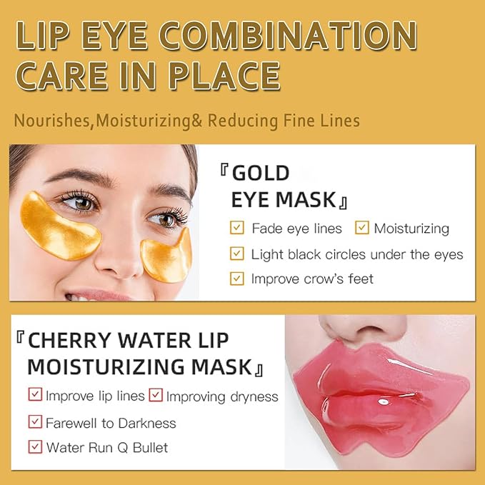 30 Pairs Lip Masks & Eye Mask, 24K Gold Gel Crystal Collagen Eye Patches for Puffy Eyes and Dark Circles Eyes, Effectively Nourishes the Lip & Eye Skin, Reducing Wrinkles and Fine Lines-FemmiqueWomen