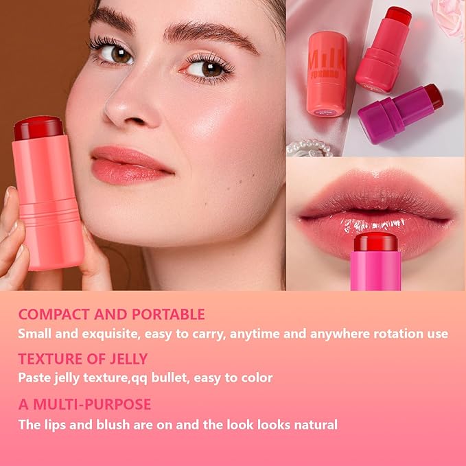 2 Pcs Milk Jelly Blush,Jelly Tint Blush Stick Sheer Lip & Cheek Stain Milk Cooling Water Jelly Tint Long Lasting Face Blushes, Lip Gloss Cheek Solid Moisturizer Stick (03#+04#)-FemmiqueWomen