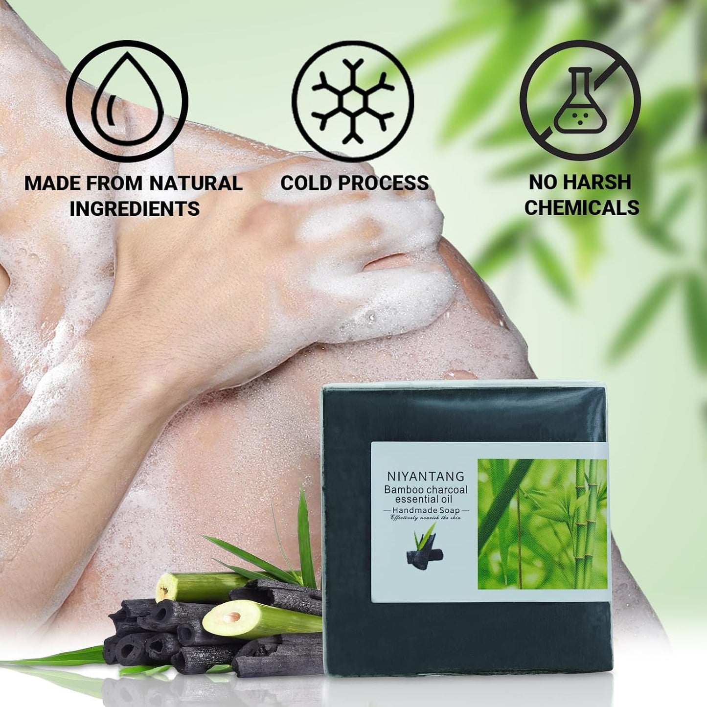 3 Pack Natural Activated Charcoal Soap Bar Black Soap for Face & Body Cleanse, Handmade Bamboo Charcoal Soap with Coconut Oil, Gentle Cleanser Soap for Men Women All Skin Types-FemmiqueWomen