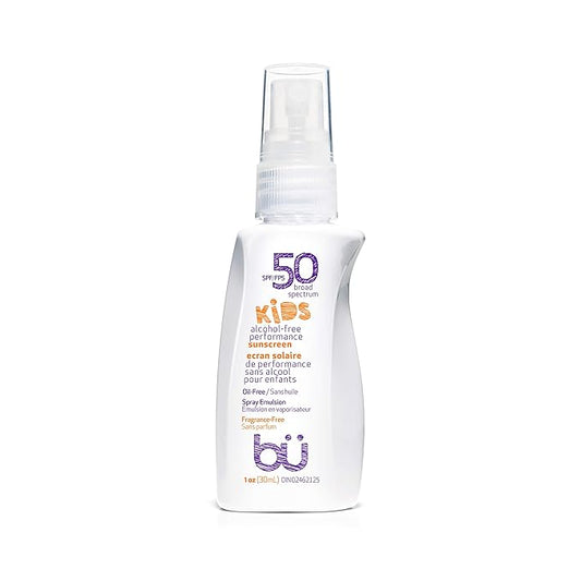 BU SPF 50 Kids Sunscreen Spray for Face and Body, Non Aerosol Spray, TSA Travel Size Sunscreen, Clear, Non Greasy, Water Resistant, Oil Free, Fragrance Free 1 oz-FemmiqueWomen