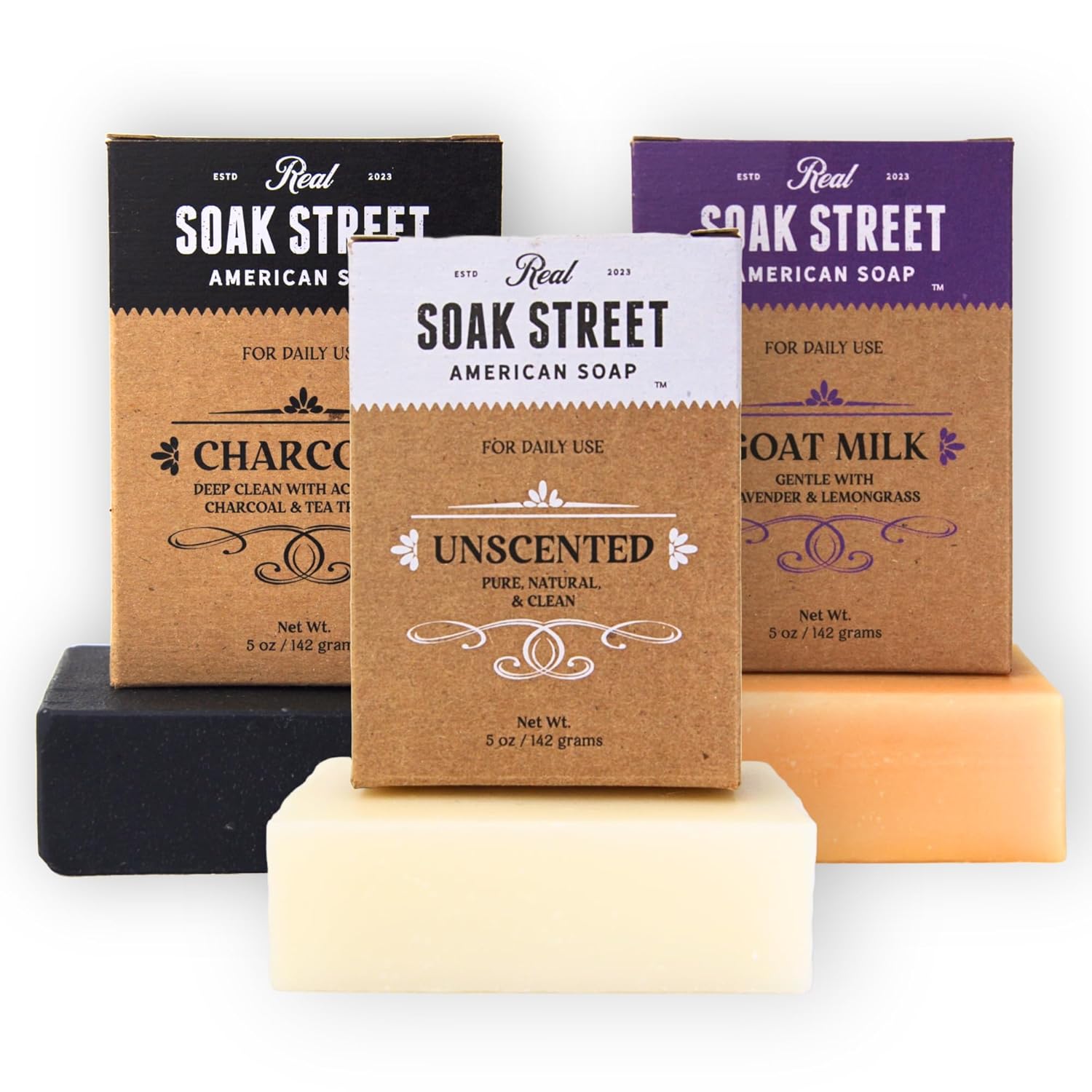 Real American Soap (Variety Bundle, 3 Pack) – Natural Bar Soap Made with Grass-Fed Tallow, Conditioning Lard, & Pure Coconut Oil – Unscented, Charcoal & Tea Tree Oil, & Lavender Goat Milk-FemmiqueWomen