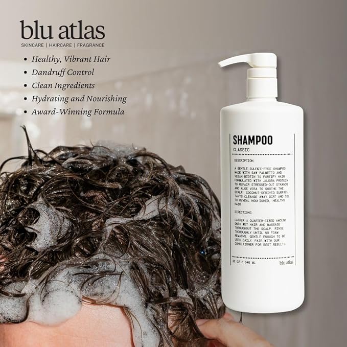 Blu Atlas Men's Natural Shampoo – Organic, Sulfate-Free, Paraben-Free – Deep Cleansing & Hydrating – Classic Scent (Bergamot, Sage, Patchouli) – Made in America– 32 oz-FemmiqueWomen