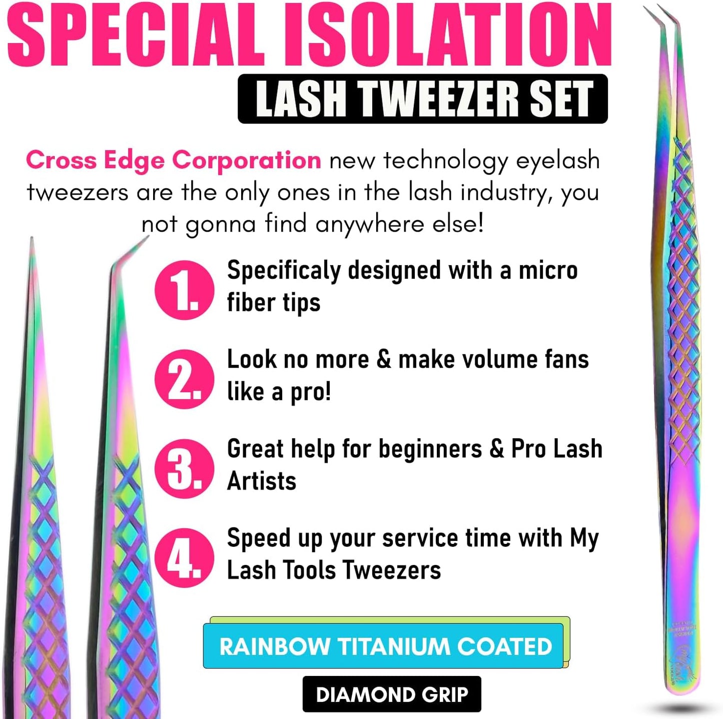 2pcs Curved & Straight Isolation Tweezers for Eyelash Extensions – 14cm Japanese Stainless Steel, Diamond Grip Non Slip Grip, Rainbow Set, Best for Classic & Individual Lashes-FemmiqueWomen