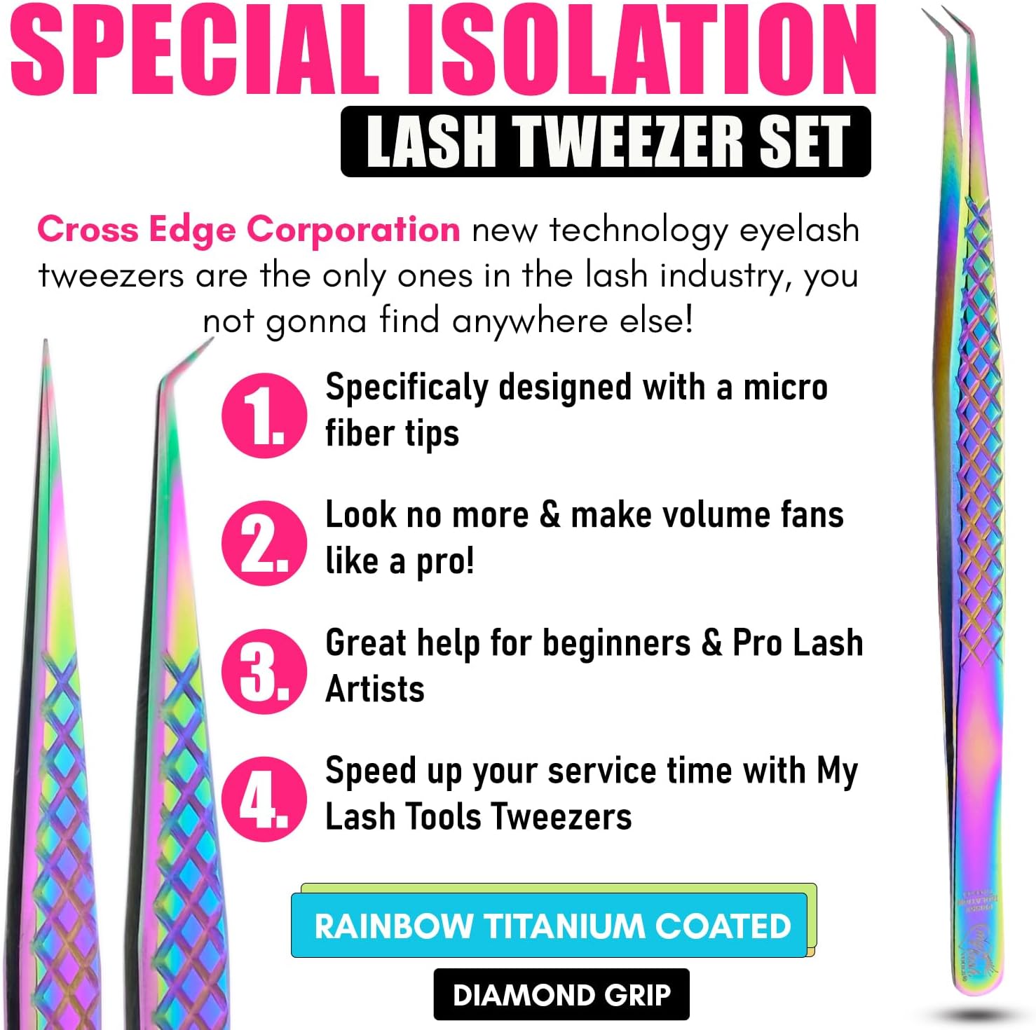 2pcs Curved & Straight Isolation Tweezers for Eyelash Extensions – 14cm Japanese Stainless Steel, Diamond Grip Non Slip Grip, Rainbow Set, Best for Classic & Individual Lashes-FemmiqueWomen