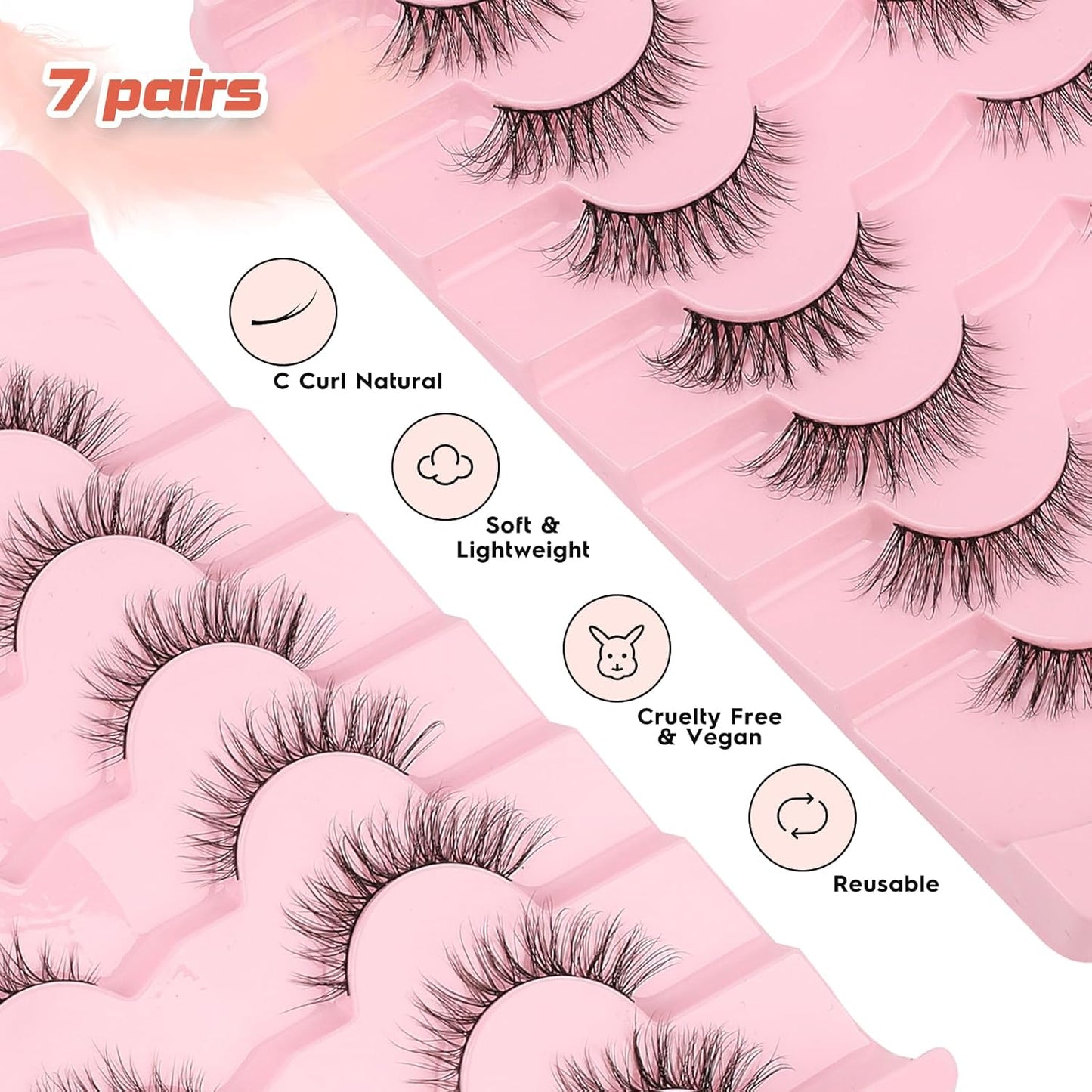 Natural Eyelashes Cat Eye Lashes Wispy Eyelash with 0.1MM Thin Band Strip Lash C Curl 7 Pair-FemmiqueWomen