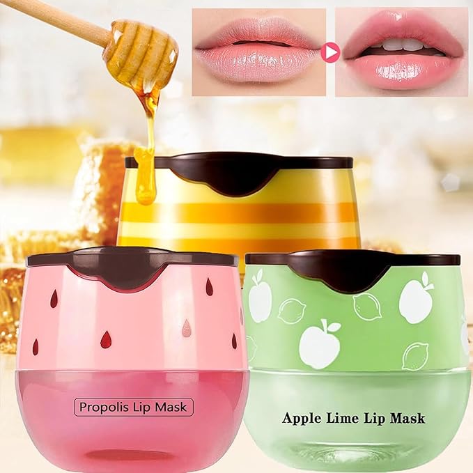 3 Pcs Bee Lip Balm Honey Pot,Honey Strawberry Lime Lip Mask,Lip Balm Moisturizing Lip Sleep Mask with Stick Hydrating & Prevention Dry and Cracked (Honey Strawberry Lime)-FemmiqueWomen