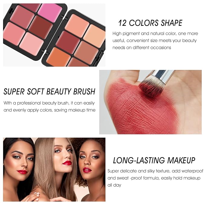 12 Colors Cream [Blush] Makeup Palette for Cheeks - Multi-functional Blush Makeup Palette with Brush, Natural Matte Long Wearing, Waterproof Blendable Face Makeup Palette (#01)-FemmiqueWomen
