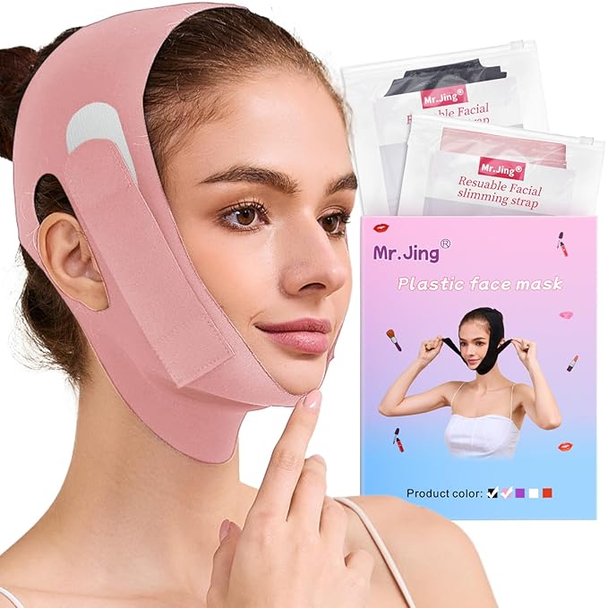 2 Pack Face Slimming Strap, Double Chin Reducer Band, Graphene V-Line Mask Chin Up Mask V Shaped Face Mask Chin strap for sleeping, V-Line Lifting Mask for Women, Medium, Black and Pink-FemmiqueWomen