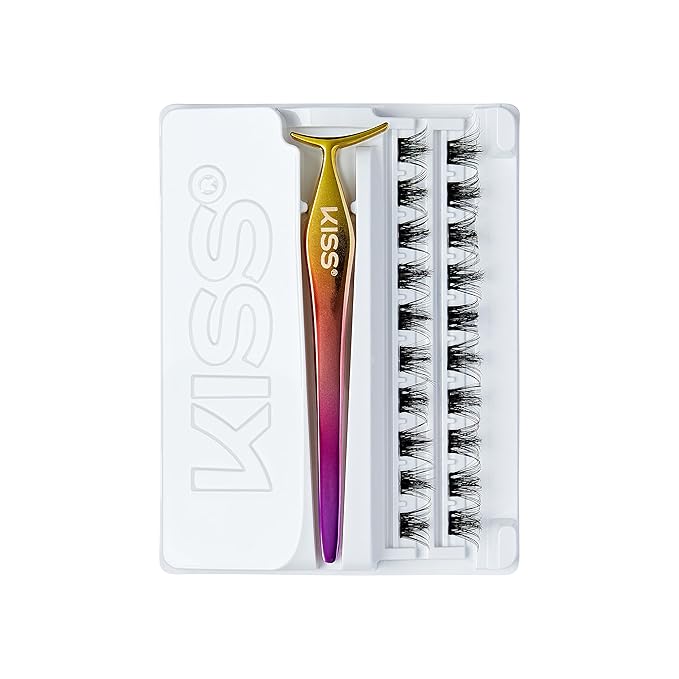 KISS imPRESS Falsies Press On Self Adhesive Eyelashes, 12mm-14mm Glam Volume Press On Lashes, Black, No Glue Needed, Invisible Band, 20 Lash Clusters & Non-Stick Applicator - Spiky-FemmiqueWomen