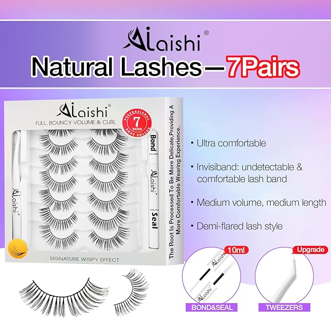 Wispy False Eyelashes Kit With Bond, Seal and Tweezer, 7 Pairs Natural Look Fake Cat Eye Lashes Strips Thin Band Extensions Waterproof Easy Eyelashes for Beginners DF1-FemmiqueWomen