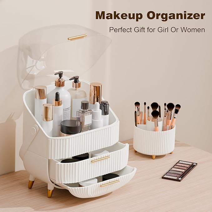 Makeup Organizers and Storage Make up Organizer for Vanity Cosmetics Skincare With Lid and Drawers Display Cases for Countertop Bathroom Women Teenager Girl Gifts(White+Brush Holder)-FemmiqueWomen