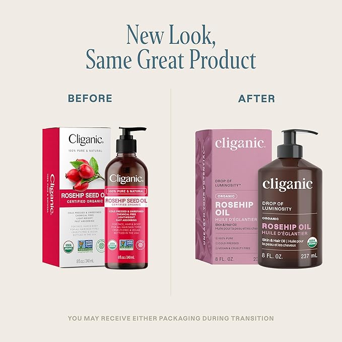 Cliganic Organic Rosehip Seed Oil for Face, 100% Pure | Natural Cold Pressed Unrefined Non-GMO | Carrier Oil for Skin, Hair & Nails (Packaging May Vary)-FemmiqueWomen