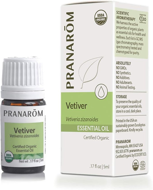 Pranarom USDA Certified Organic Vetiver Essential Oil (5ml), 100% Pure Undiluted Therapeutic Grade from Haiti & Madagascar for Aromatherapy, Diffuser, Calming, Relaxation, DIY, Massage Oil-FemmiqueWomen