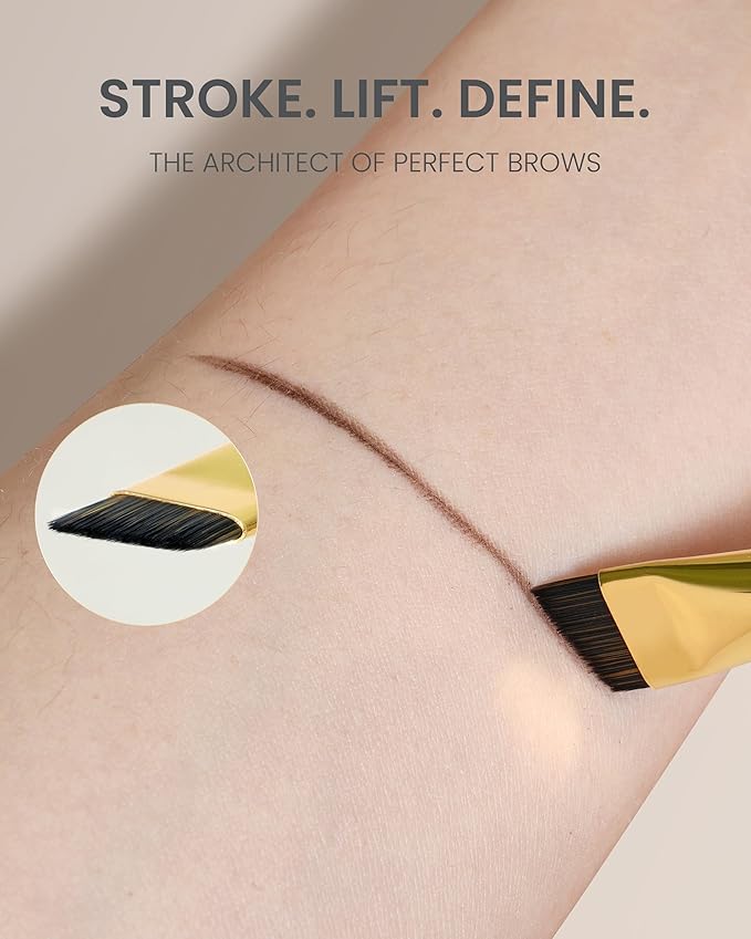 Desert Oak Series MicroBlade Angled Brow Brush - 11mm Ultra-Fine Nylon Bristles for 1mm Hair Strokes, Pomade/Gel/Powder Application, Bubinga & Brass (CM 190)-FemmiqueWomen