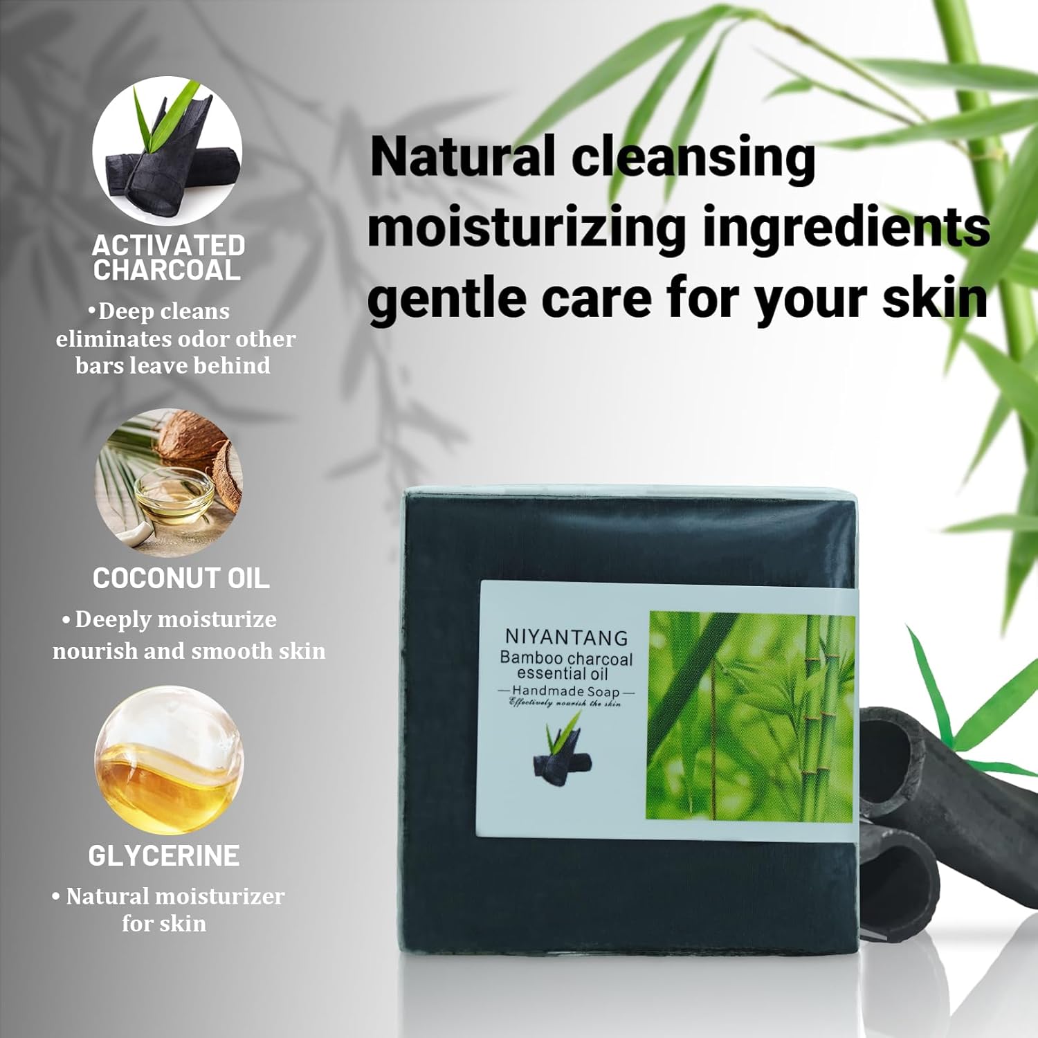 3 Pack Natural Activated Charcoal Soap Bar Black Soap for Face & Body Cleanse, Handmade Bamboo Charcoal Soap with Coconut Oil, Gentle Cleanser Soap for Men Women All Skin Types-FemmiqueWomen