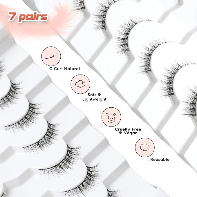Natural Lashes Wispy Eyelashes Natural Look Short Lashes Pack 12mm Eyelashes C Curl False Lashes Thinner Band 3D Volume Fake Eyelashes 7 Pair Siligli-FemmiqueWomen