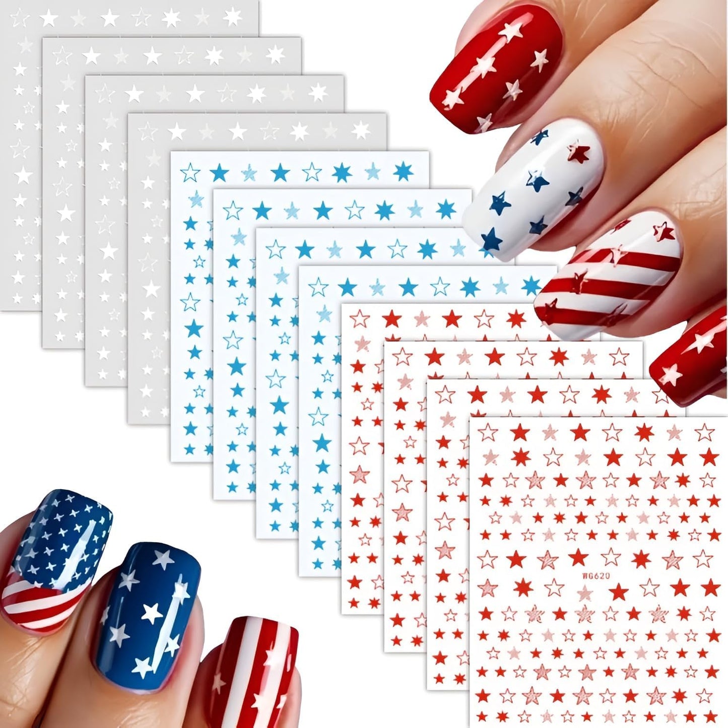 12 Sheets White Blue Red Star Nail Art Stickers 3D Self Adhesive 4th of July Nail Stickers for Nail Art Independence Day Nail Decals Star Nail Supplies Design for DIY Acrylic Nails for Women Girls-FemmiqueWomen