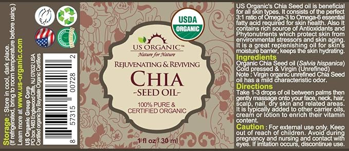 US Organic Chia Seed Oil, Certified Organic, Pure & Natural, Cold Pressed Virgin, Unrefined, Sourced from Paraguay, in Amber Glass Bottle w/Glass Eyedropper (1 oz (30 ml))-FemmiqueWomen