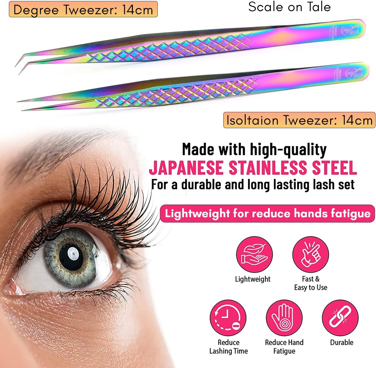 2pcs Curved & Straight Isolation Tweezers for Eyelash Extensions – 14cm Japanese Stainless Steel, Diamond Grip Non Slip Grip, Rainbow Set, Best for Classic & Individual Lashes-FemmiqueWomen