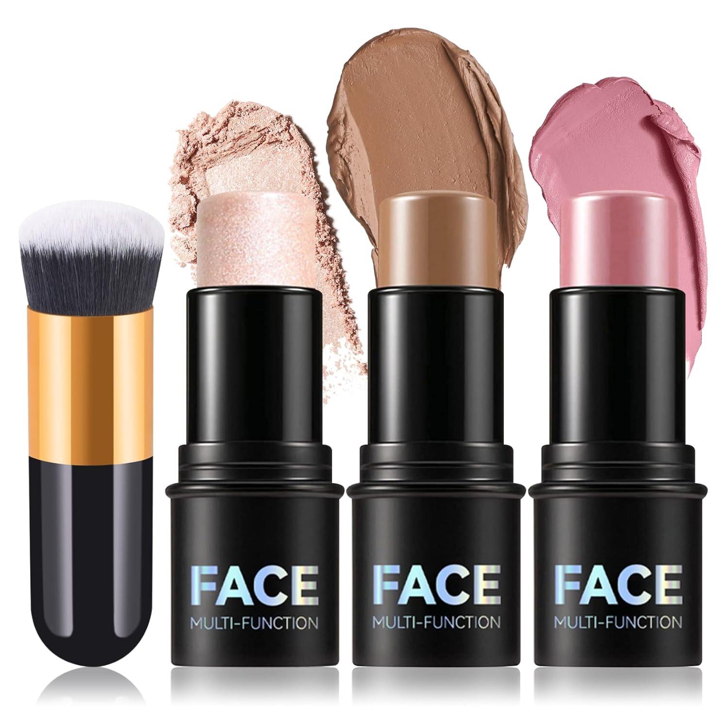 3Pcs Cream Contour Stick Makeup Kit with Makeup Brush,Shades with Highlighter,Brush Stick,Cream Bronzer for Sculpt the Cheeks,Long-lasting Waterproof Lightweight Contour Set-FemmiqueWomen