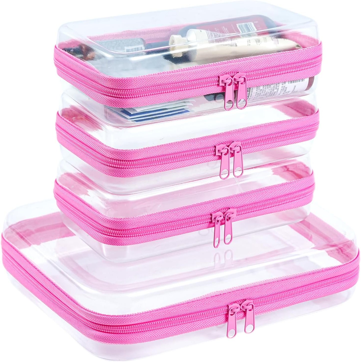 4 pcs Clear Zipper Pouches, Hard Shell Zipper Case, Makeup Organizer Travel Toiletry bag, Diaper Bag, Travel Organizer, Clear Cosmetic Bag,Toy Storage Bins (M+3S Pink)-FemmiqueWomen