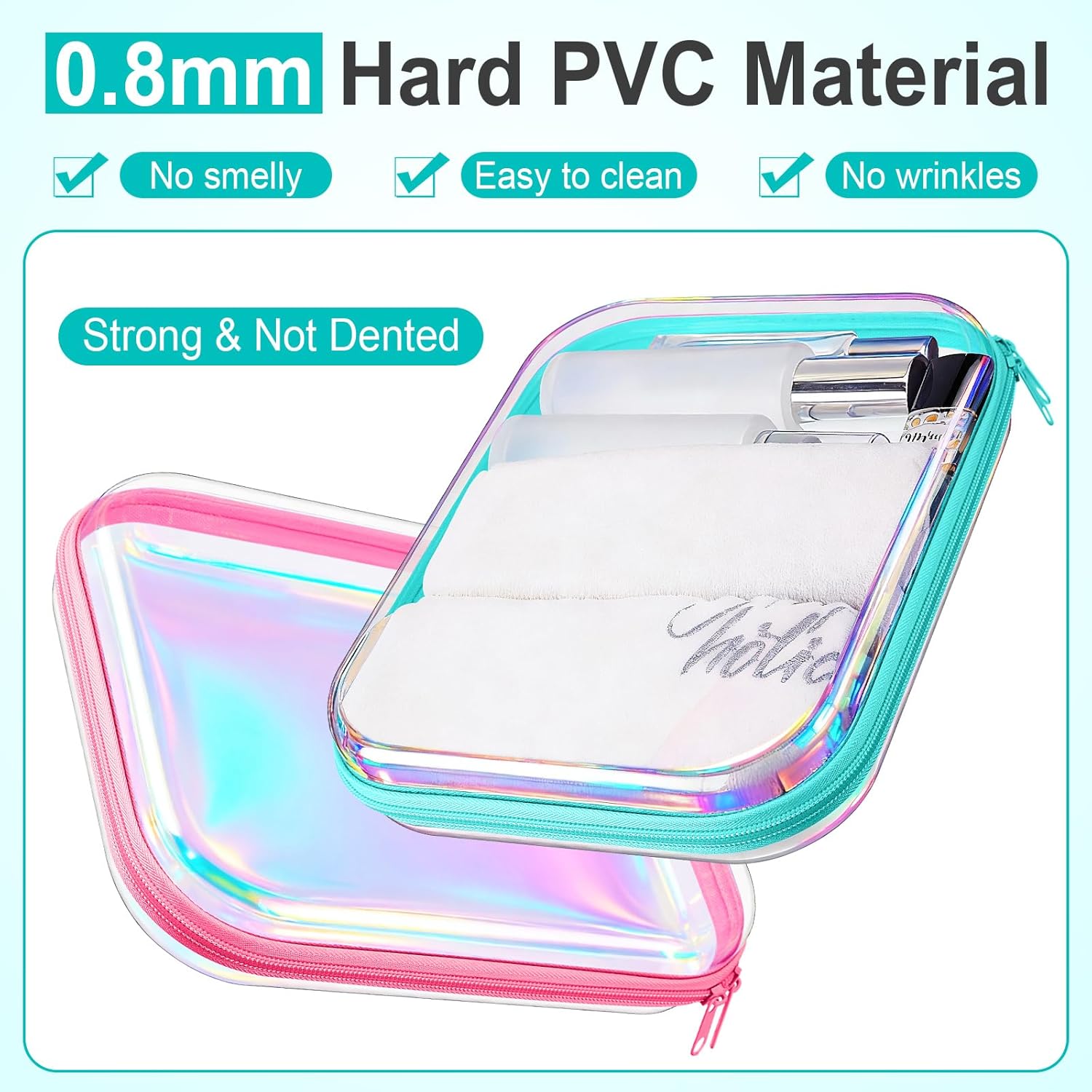 Hoolerry 3 Pcs Clear Hard Zipper Case Plastic Pouch Transparent Hard Case Clear Makeup Bag Portable Travel Organizer Bin for Cosmetics, Building Blocks, Puzzles(Laser,M)-FemmiqueWomen