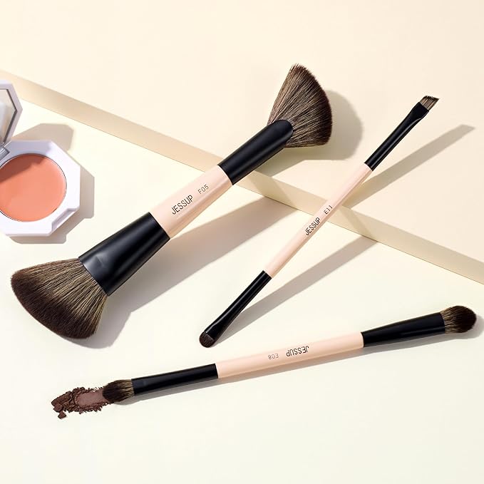 Jessup Travel Makeup Brushes Set 3pcs, Double Sided Contour Brush Dual Ended Eye Shadow Shader Eyeliner Brush, Multi-functional Makeup Set Peach Dust T507-FemmiqueWomen