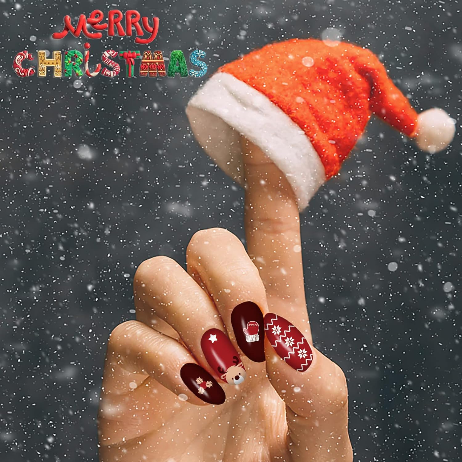 12 Sheets Christmas Nail Wraps Full Stickers Nail Polish Strips, DIY Self-Adhesive Nail Art Glitter Decals Santa Claus Reindeer Xmas Hat Pattern with 2 Piece Nail Files for Party Decor (168 Pieces)-FemmiqueWomen