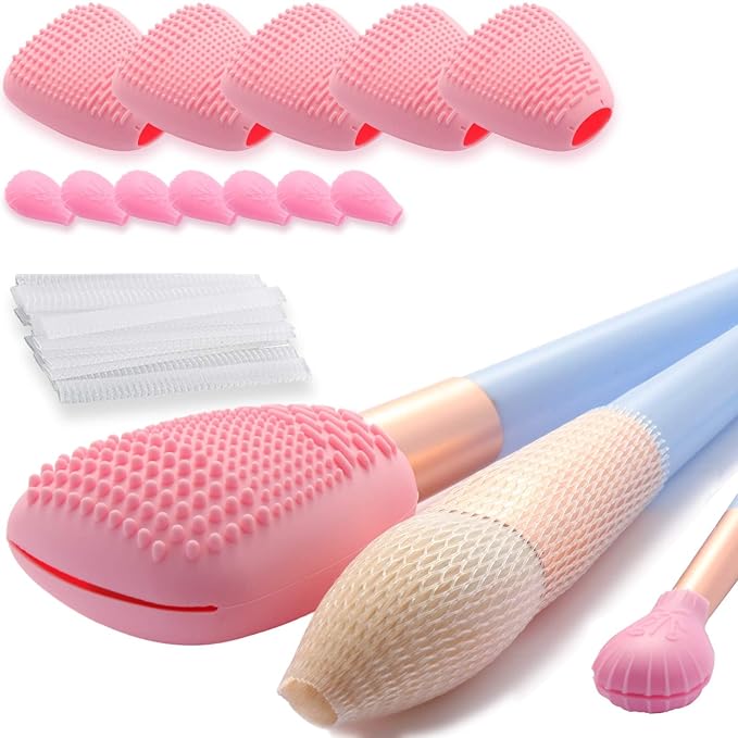 Silicone Travel Make-up Brush Holder with Cleaner Mat Pad, Organizer Case Covers for Foundation Eye Lip Brushes Storage Cleaning, Gift for Women Girl-friend Mother Wife, 5-Pcs Large + 7 Small, Pink-FemmiqueWomen