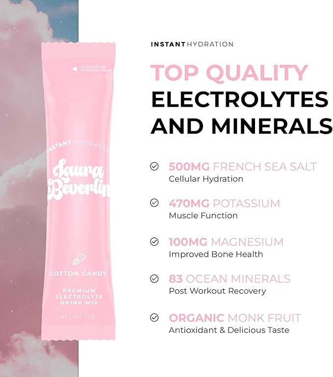 Instant Hydration Electrolytes Powder Packets - Cotton Candy Drink Mix - Zero Sugar - Keto, Vegan, Gluten-Free, Non-GMO - Boost Recovery, Brain Health, Muscle & Tissue Support- 30 Sticks-FemmiqueWomen