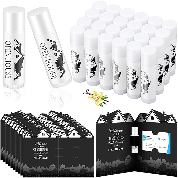 25 Pcs Open House Lip Balm with Cards Real Estate Agent Supplies Lip Moisturizer Moisturizing Lip Balm Bulk Moisturizing Lip Balm Stick for Open House Business Advertising Events-FemmiqueWomen