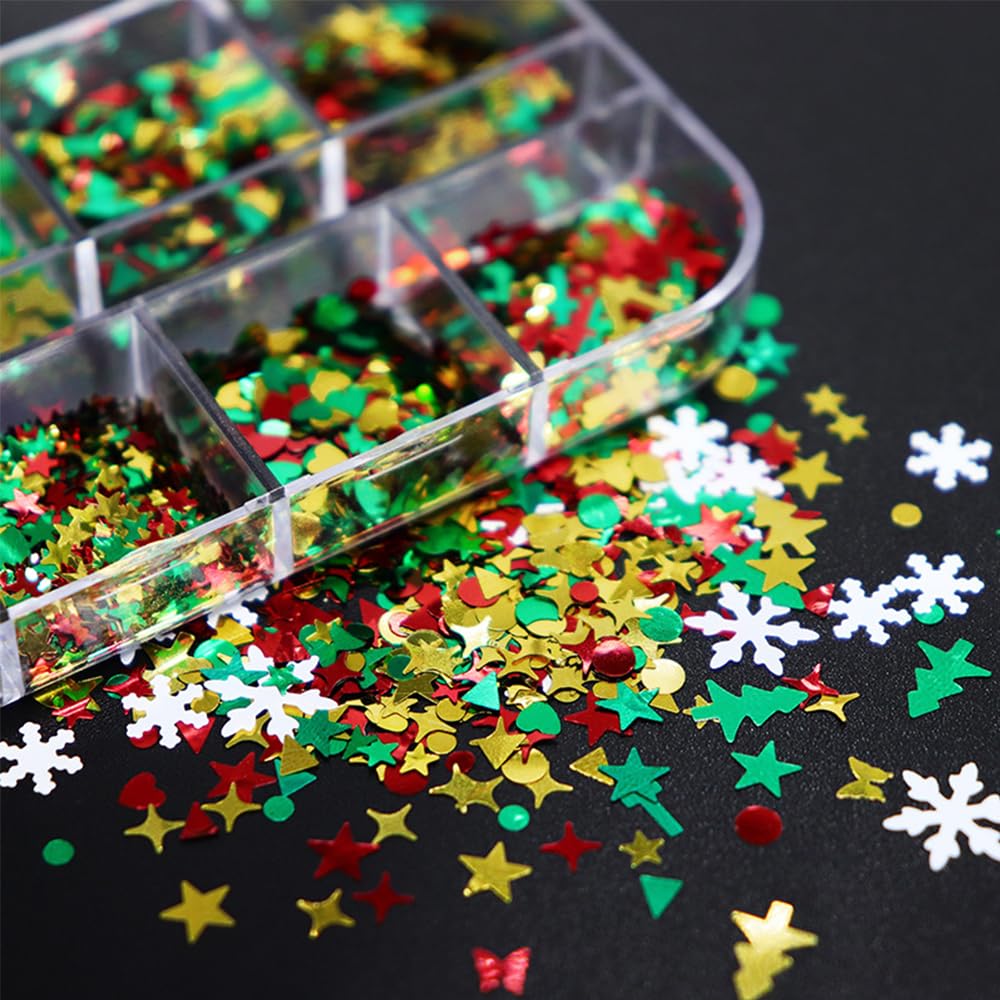 12 Grids Christmas Nail Art Sequins 3D Holographic Laser Snowflake Star Butterfly Winter Holiday Nail Glitters Red Green White Gold Nail Sparkly Flakes Nail Charms for DIY Christmas Nail Designs-FemmiqueWomen
