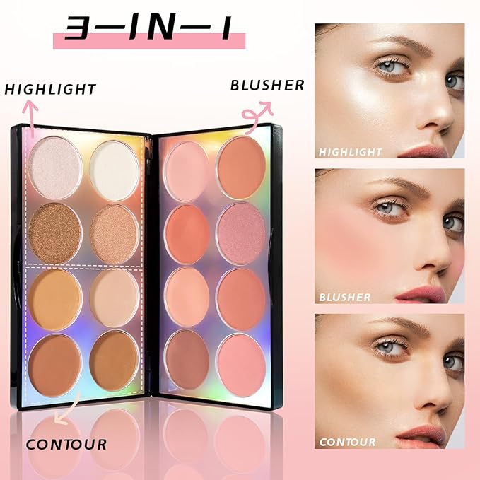 16 Colors Blush Contour Highlighter Makeup Palette with Brush, Matte Mineral Face Blush Powder for Cheek, Bright Shimmer Illuminator Bronzer Professional Facial Beauty Makeup Blushes Set-FemmiqueWomen
