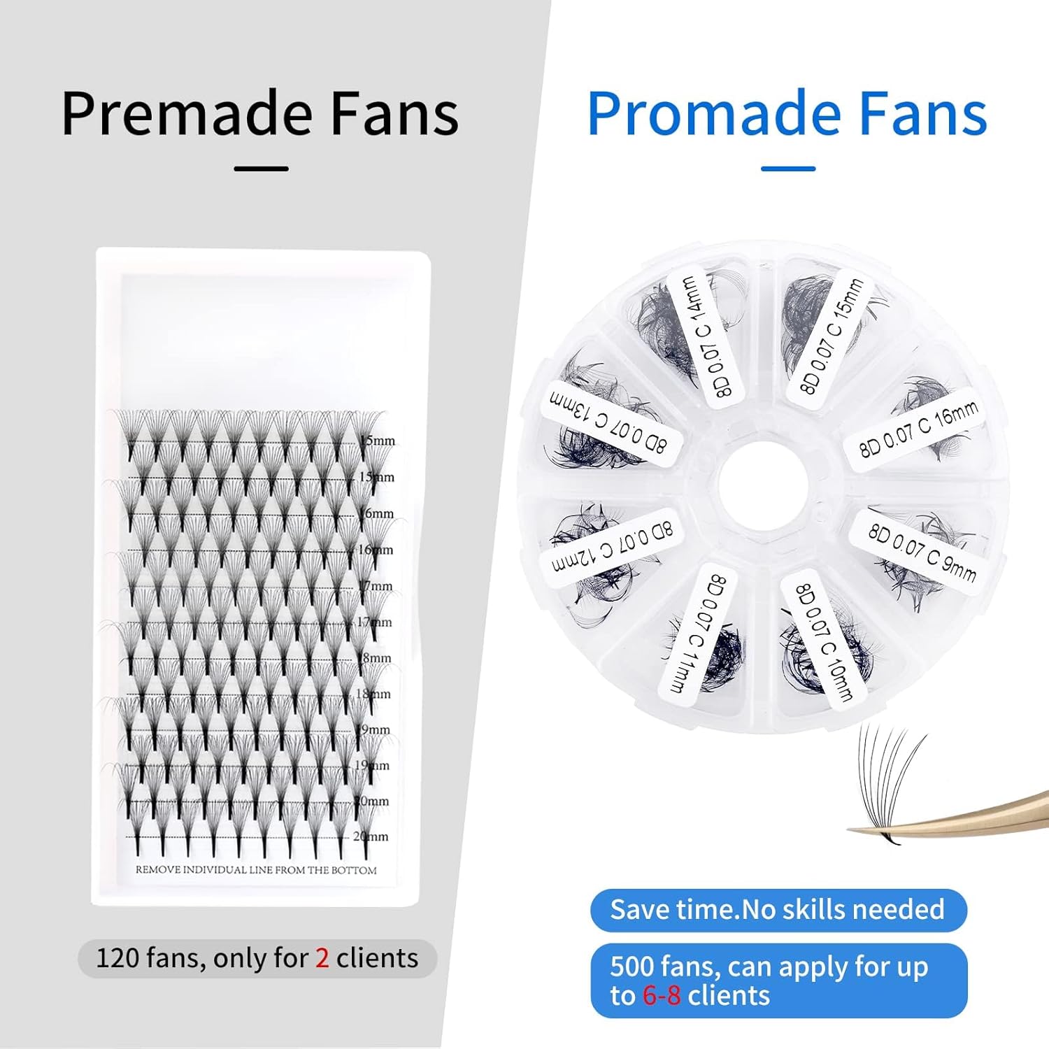 Pre-made Fans Eyelash Extension 500+8D Loose Volume Fans D Curl Premade Volume Fans 9-16mm-FemmiqueWomen