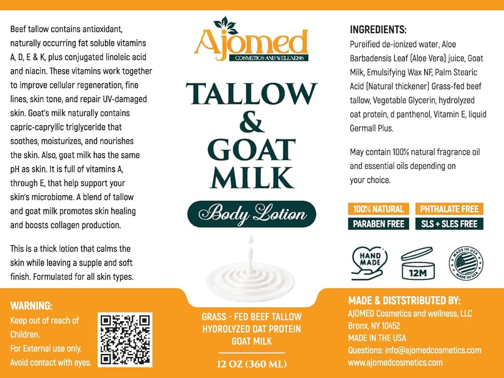 Grass Fed Beef Tallow & Goat Milk Body Lotion for Sensitive Skin, Organic Tallow moisturizer- Soothes Dry Patches, Goat Milk Moisturizer - Handmade Tallow Body Lotion (Oatmeal & Honey, 12 Oz)-FemmiqueWomen