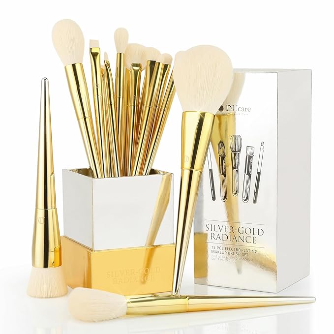 DUcare Makeup Brushes 15Pcs Makeup Brush Set with Holder Premium Synthetic Powder Foundation Contour Blush Concealer Eye Shadow Blending Liner Make Up Brush Kit gold-silver-FemmiqueWomen
