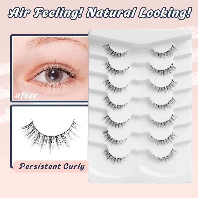 Natural Lashes Wispy Eyelashes Natural Look Short Lashes Pack 12mm Eyelashes C Curl False Lashes Thinner Band 3D Volume Fake Eyelashes 7 Pair Siligli-FemmiqueWomen