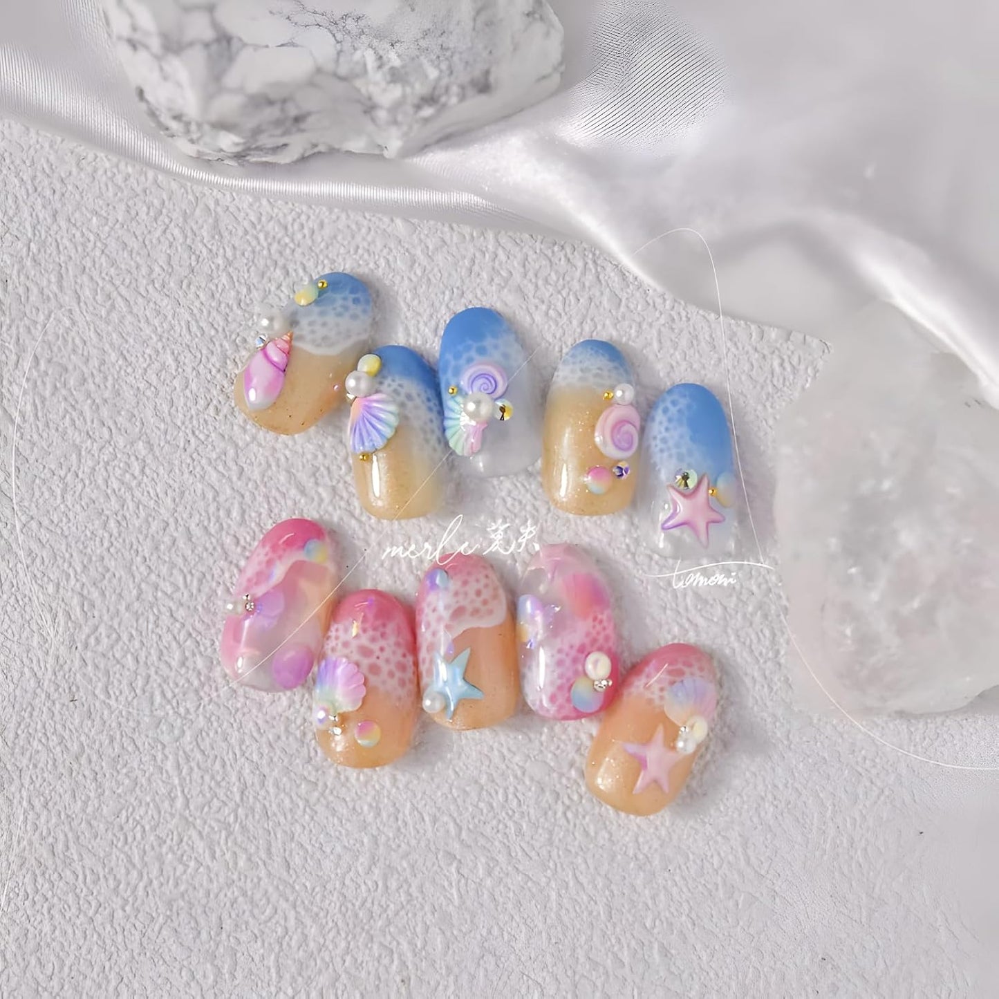 2 Sheets Starfish Nail Stickers - 5D Embossed Self-Adhesive Decals for Summer Nail Art - Colorful Beach Shell Design Supplies Decoration for Women and Girls-FemmiqueWomen