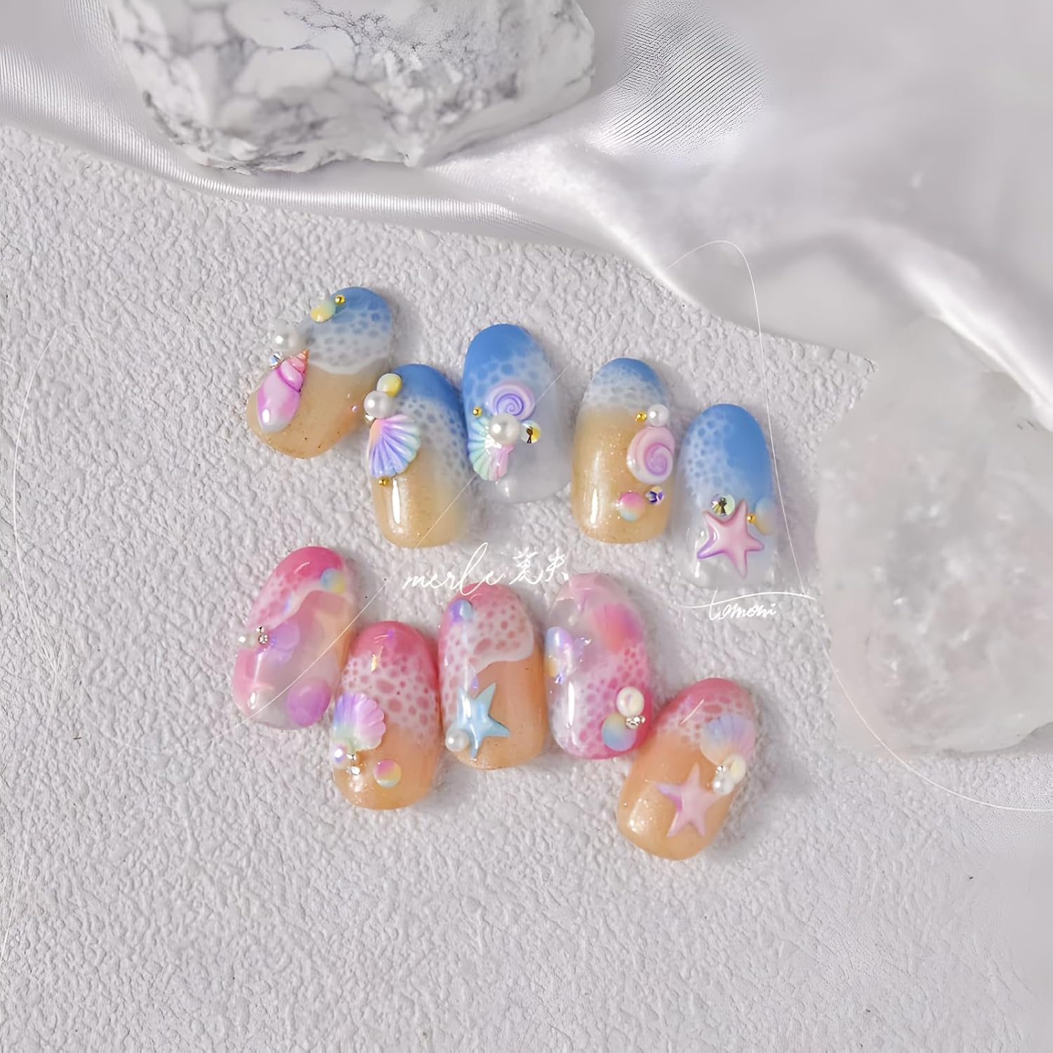 2 Sheets Starfish Nail Stickers - 5D Embossed Self-Adhesive Decals for Summer Nail Art - Colorful Beach Shell Design Supplies Decoration for Women and Girls-FemmiqueWomen