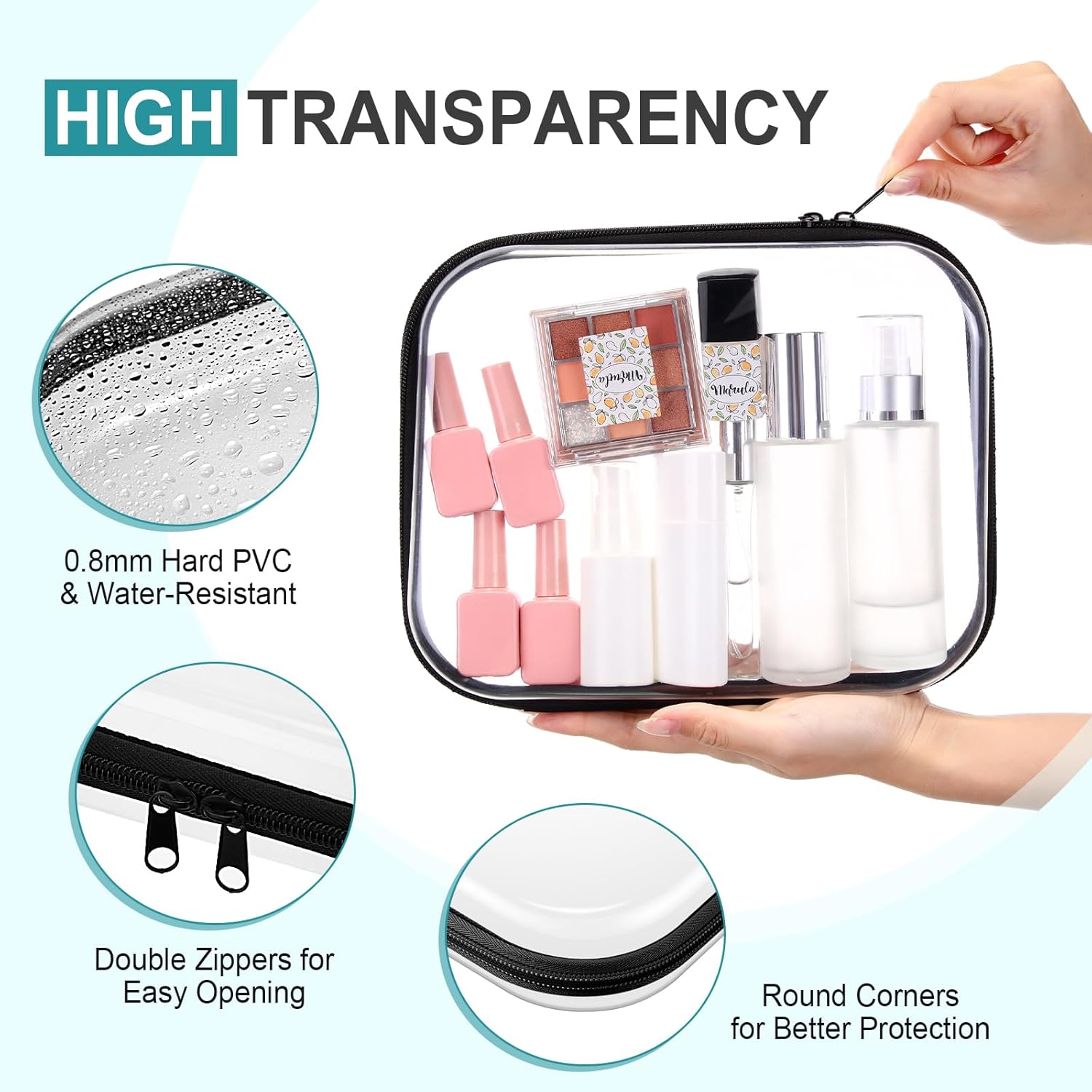 Hoolerry 4 Pcs Hard Clear Zipper Case Makeup Bags Plastic Pencil Pouch Transparent Storage Box Containers for Cosmetics, Snacks, Building Blocks, Puzzles(Black and White,9.8 x 7.9 x 2 in)-FemmiqueWomen