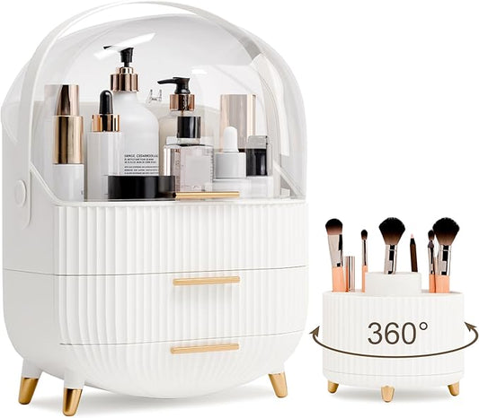 Makeup Organizers and Storage Make up Organizer for Vanity Cosmetics Skincare With Lid and Drawers Display Cases for Countertop Bathroom Women Teenager Girl Gifts(White+Brush Holder)-FemmiqueWomen