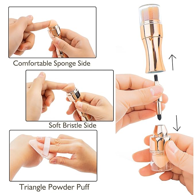 kullder 4 in 1 Makeup Brush Travel Makeup Brushes Blend Sponge, Eyebrow, Eyeshadow & Blush Brushes for Foundation Concealer Double Ended Makeup Brush with Powder Puff Women Ideal Gifts-FemmiqueWomen