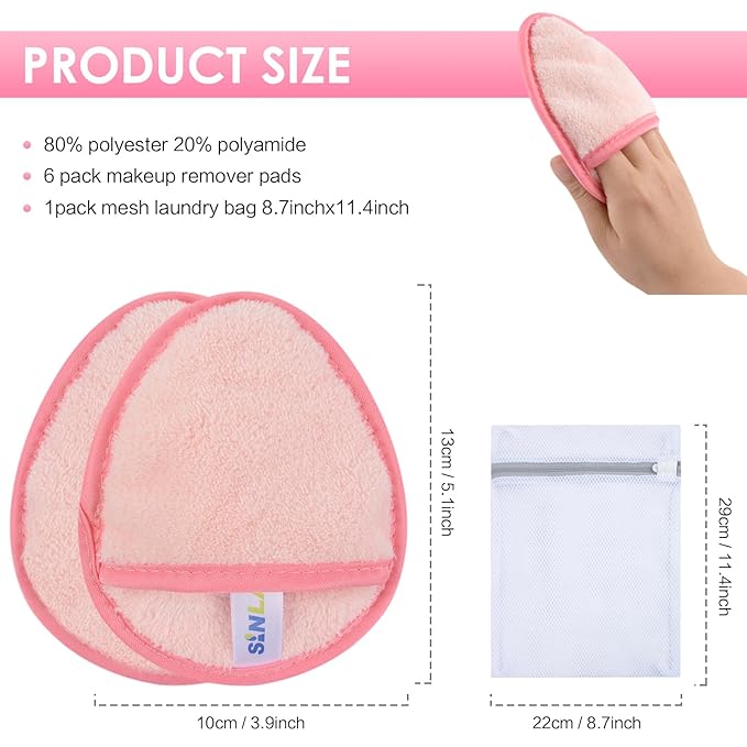 SINLAND Reusable Makeup Remover Pads For Face,Eye,Lips Microfiber Gentle Facial Cleansing Cloths for All Skin Types Friendly for Makeup Remover With Laundry Bag 5.1inchx3.93inch Pink Pack of 6-FemmiqueWomen