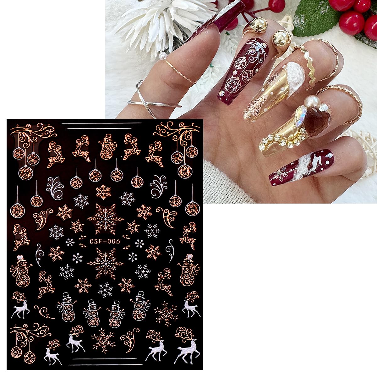 JMEOWIO 9 Sheets Christmas White Glitter Nail Art Stickers Decals Self-Adhesive Snowflake Winter Holiday Rose Gold Nail Supplies Nail Art Design Decoration Accessories-FemmiqueWomen