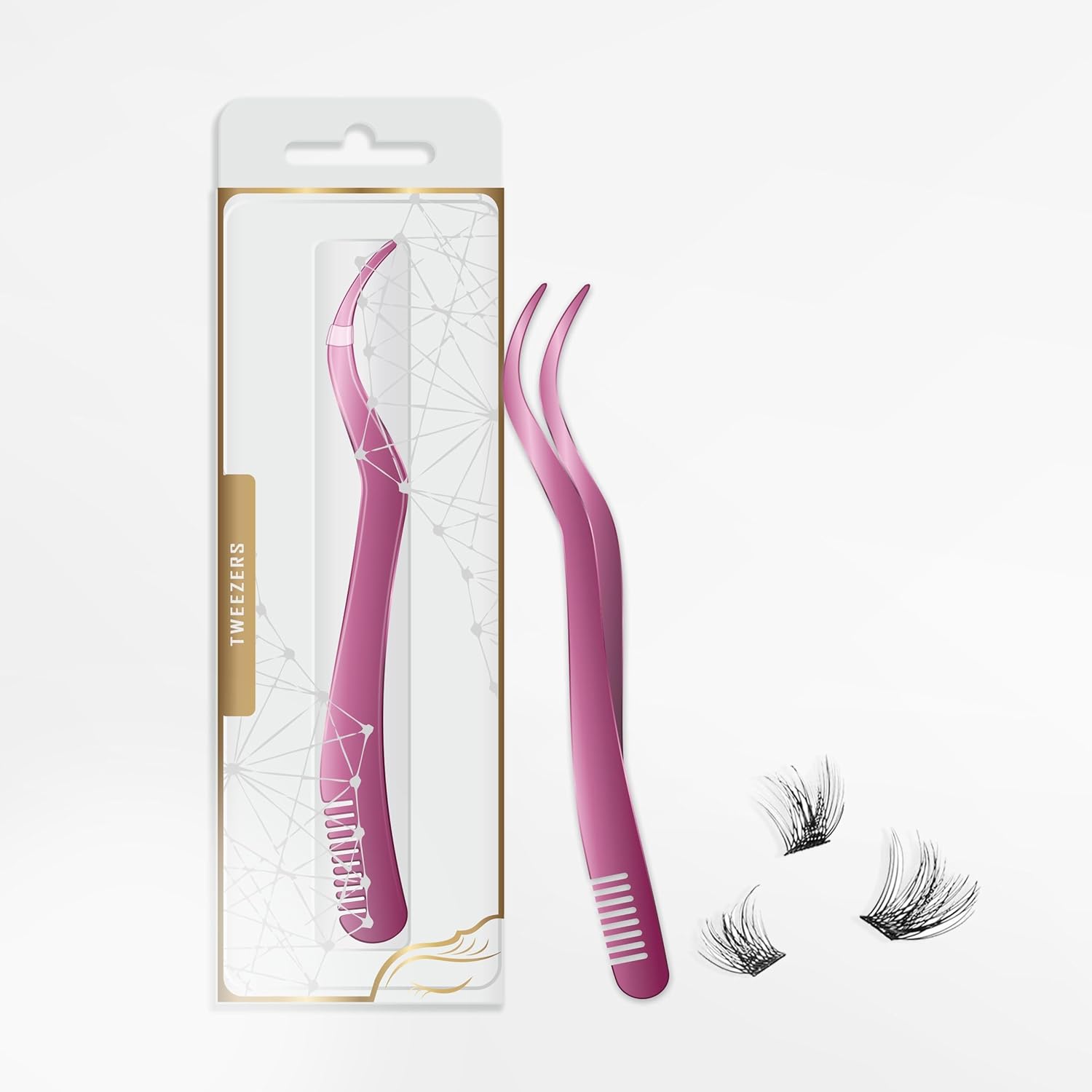 2 in 1 Lash Tweezer with Comb, Stainless Steel Elbow Tweezers, Eyelash Extension, Precise Eyebrow Tweezers Tool, Lashes Tweezer Applicator for DIY Applying False Eyelashes Clusters, Rose-FemmiqueWomen