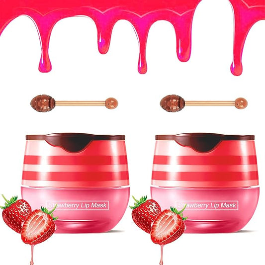 2PCS Strawberry Pot Lip Balm with Brush,Lip Exfoliating Balm Sleeping Lip Mask,Hydrating Prevention Dry and Cracked Lip Scrubs Exfoliato Lip Sleeping Mask Reduces Lip Lines Lip Care Products-FemmiqueWomen