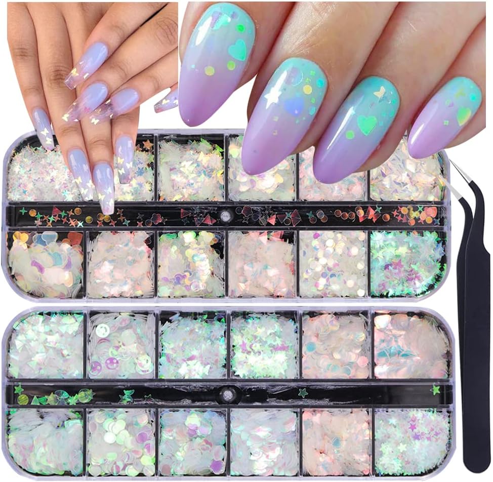 24 Grids Holographic Nail Sequins and 1 Pcs Tweezers,Iridescent Mermaid Flakes Ultra-Thin Colorful Flakes Glitter Sticker,DIY Face Body Eyes for Nail Art Decoration-FemmiqueWomen