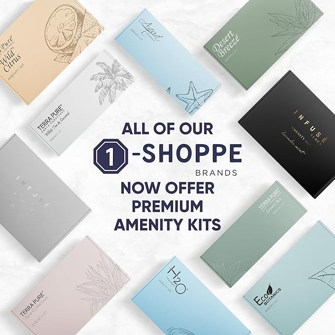 1-Shoppe All-In-Kit|Aqua Organics Amenity Kit|Boxed Hotel Toiletries|Bulk Set 1oz Travel Size Shampoo,Conditioner,Lotion,Body Wash & Bar Soap for Guest Hospitality AirBnB/Vacation Rentals|5 Pieces-FemmiqueWomen
